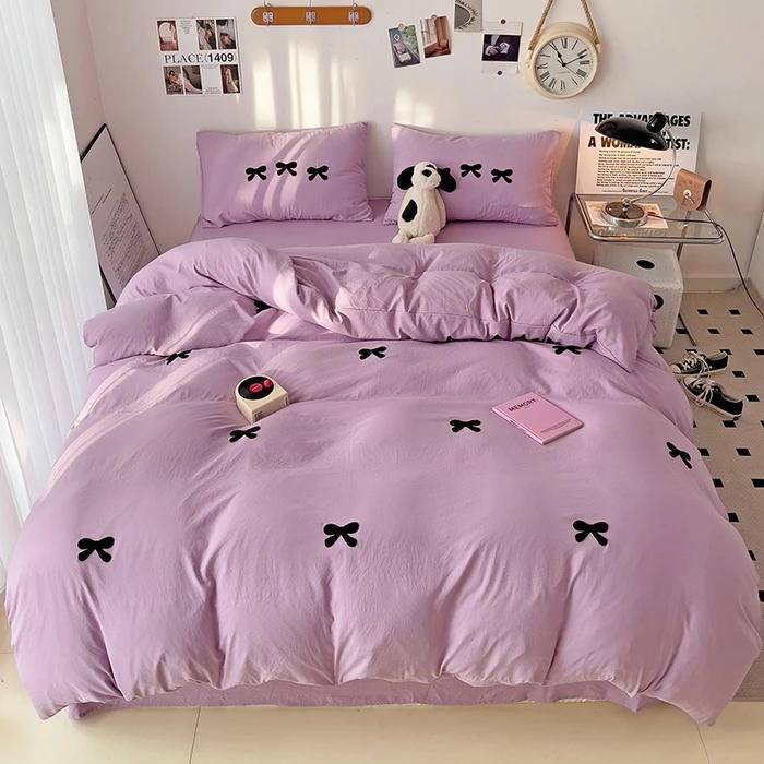 

Bedding Set with Bow Korean Breathable Duvet Cover No Filler Flat Sheet Pillowcases Mix Color Comforter Cover Set 0.9m sheet 3pcs