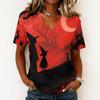 Haut pull décontracté à manches courtes et col en V pour femme, imprimé Halloween, coupe ample, t-shirt léger pour un usage quotidien