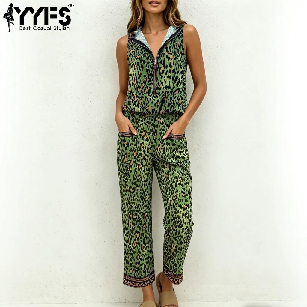 YYFS Women's Fashion Casual Summer Spring Leopard Print Sleeveless V-Neck Trousers Pants Suits