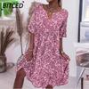 Damenmode Sommer Frühling Kurzarm V-Ausschnitt Freizeitkleider