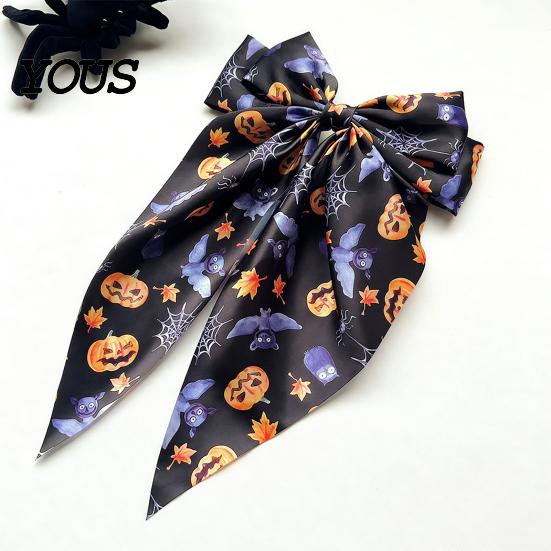 Halloween Hair Clip Silky Satin Bows for Women, Big Ribbon Bow Clips Girls, Decorative Oversized Long Tail Barrettes, Cute Ghost Bat