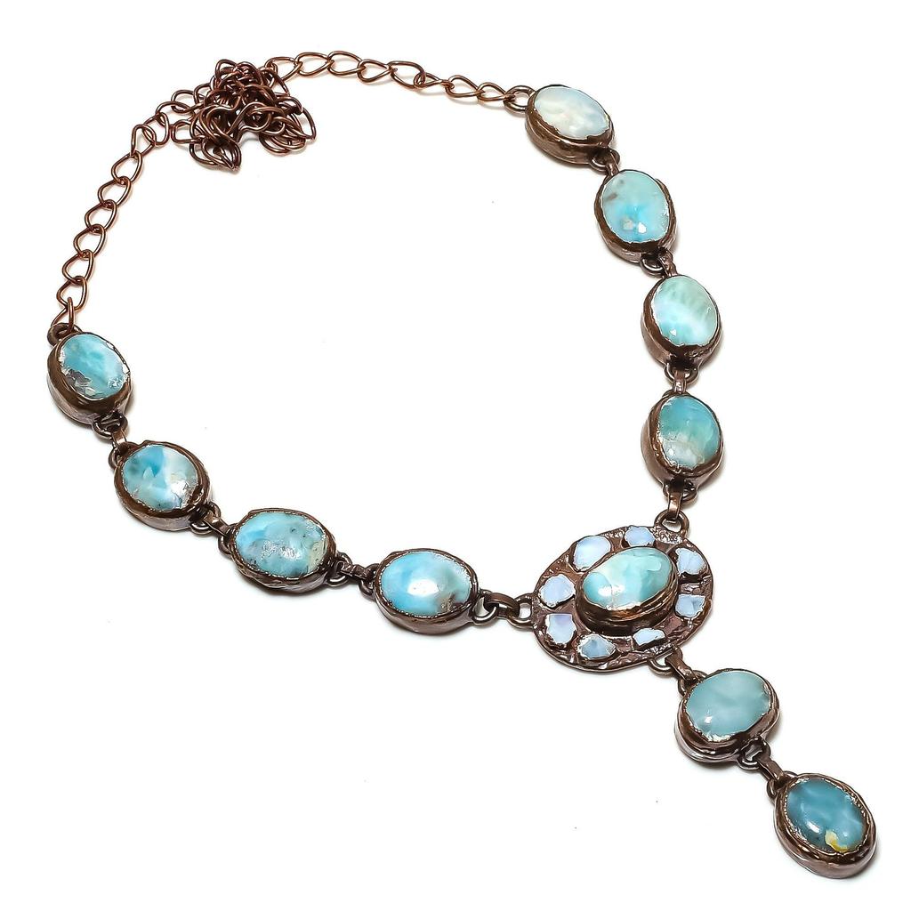 Larimar Copper Electroformed Necklace with Adjustable Chain, Handmade Gemstone Jewelry Necklace For Memorial Day
