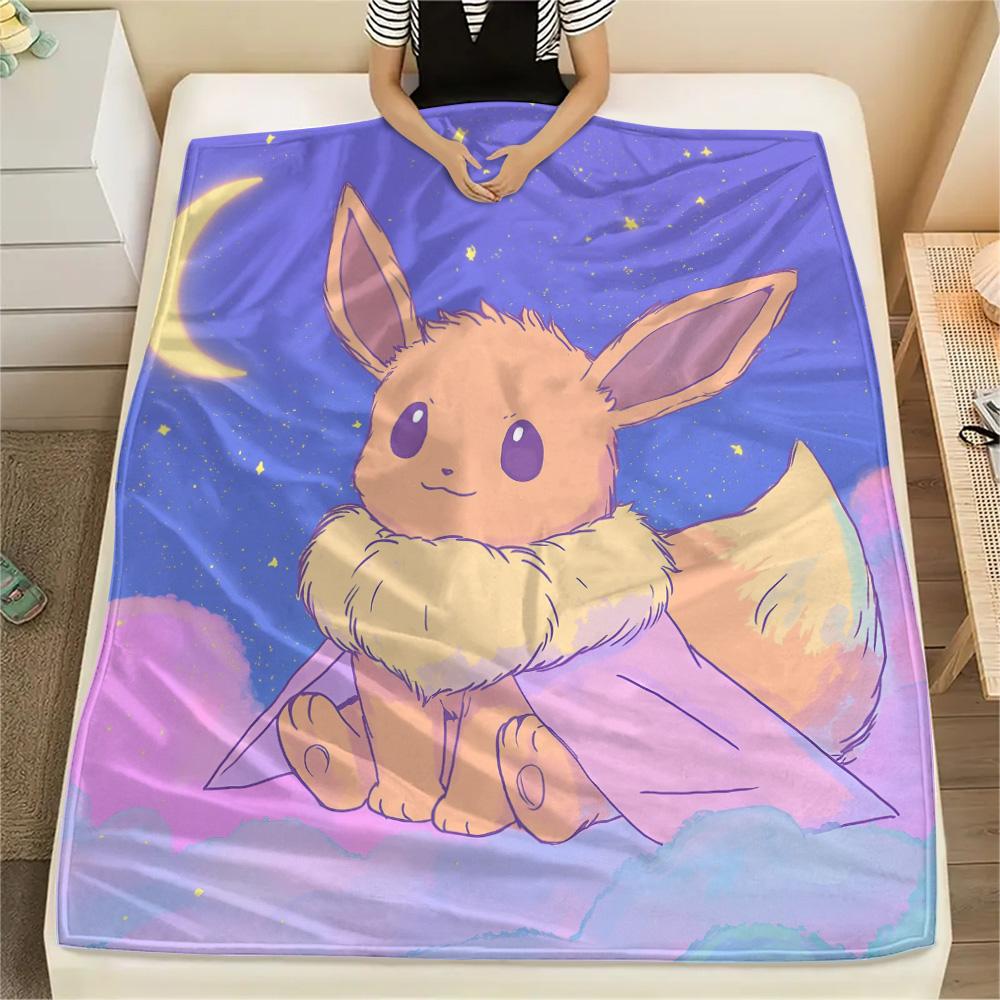 Roztomilá deka s potiskem Eevee z flanelu, Vysoce kvalitní, Pohodlná pro všechna roční období, Domácí dekorace, Teplo a pohodlí