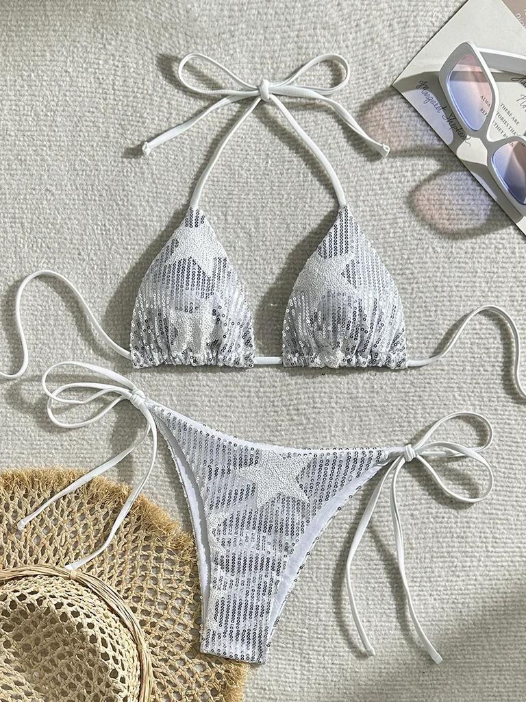 Halter Shiny Star Sequins Bikini 2025 Women Swimsuit Female Swimwear Two Pieces Bikini Set Brazilian Bathing Suit Swim Beachwear