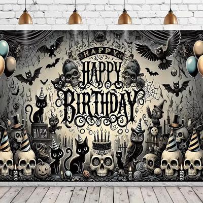 2D Vintage Gothic Birthday Backdrop Skull Black Cat Halloween Themed Party Decor