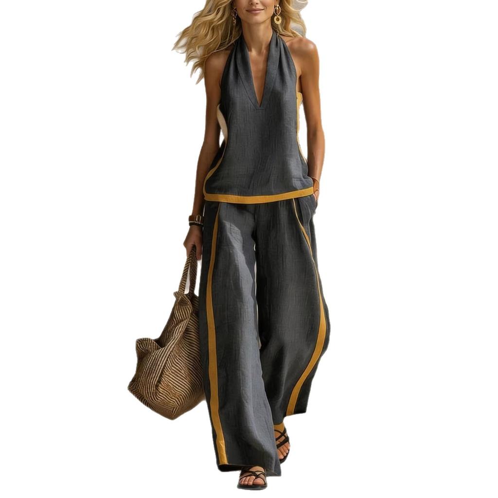 Women Color Contrast Halter Top Wide Leg Pants Two Piece Casual Set