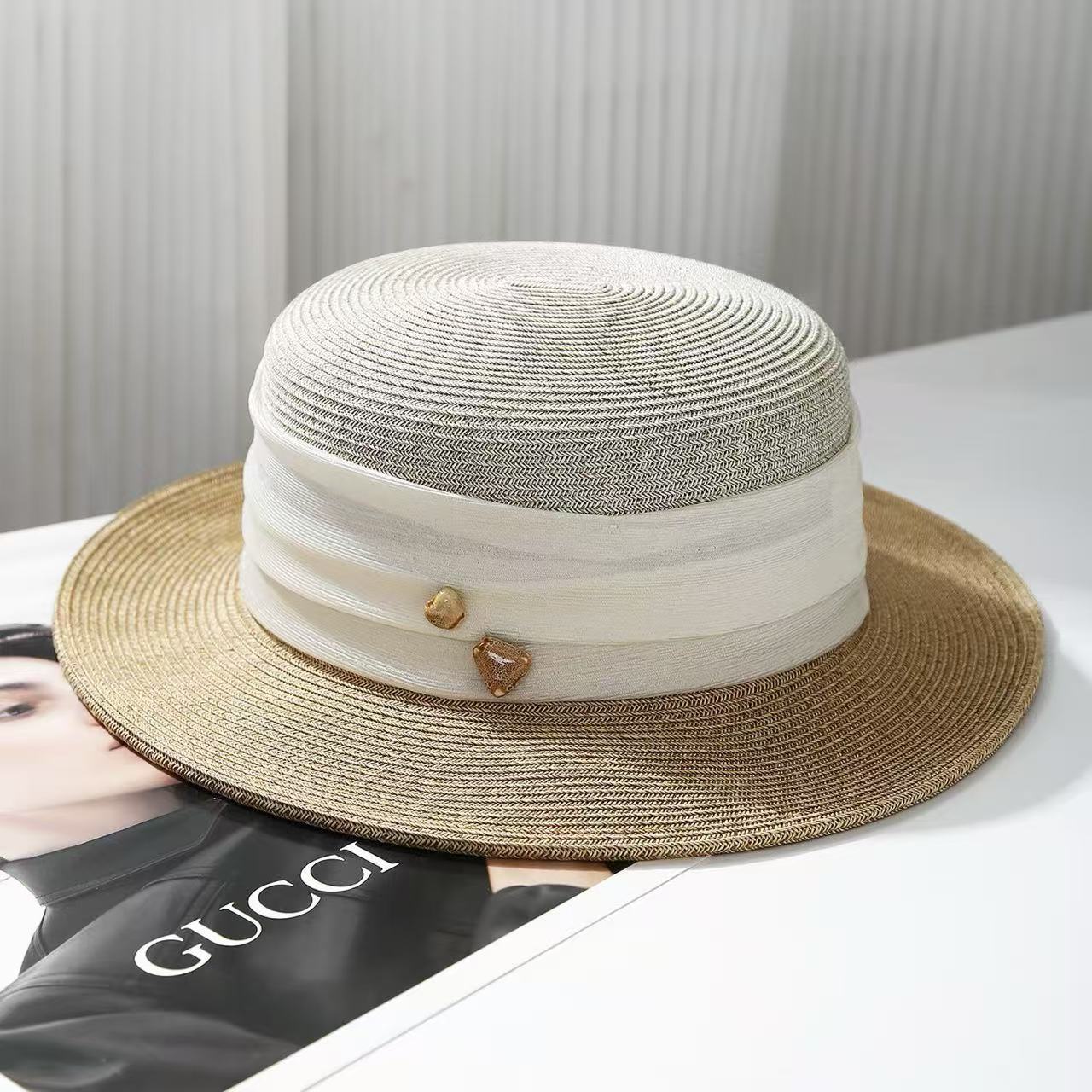 

Quality celebrity style flat top straw hat women s summer travel beach seaside vacation sunshade sunscreen fashion top hat M（55-58cm） хаки
