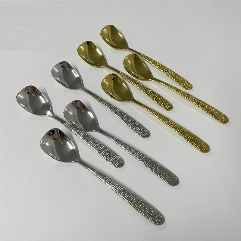 304 Edelstahl Besteck Flachkopf Löffel Gehämmertes Muster Griff Geschirr Luxus Retro Tafelgeschirr
