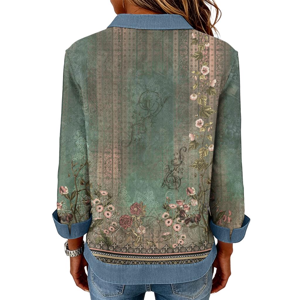 Dammode Utsvängd Långärmad Denim Patchwork Sweatshirt Tryckt Avslappnad Pullovertopp