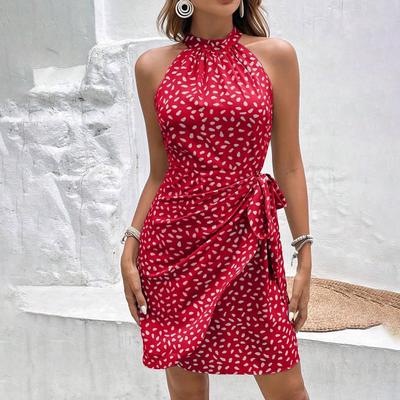 Women's Printed Dress Summer Lace Up Sleeveless Elegant Hanging Neck Dresses