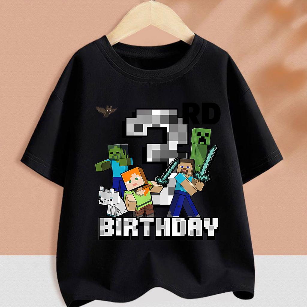 Hot Pixel Game T-shirt Birthday Number Clothes Round Collar Clothing Minecrafted Cartoon Short Sleeve Black Summer Tee Top Gift
