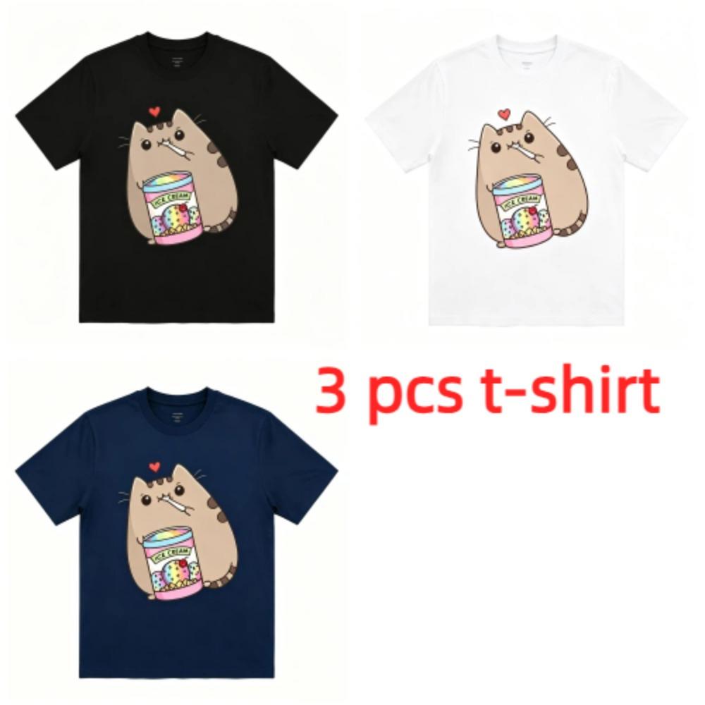 A Cat That Eats Snacks Print Kids T-Shirts Summer Fashion Street Outdoor Casual T-shirt Tops for Boy and Girl's Tees Top