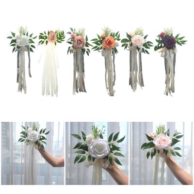 6Pcs Elegant White Artificial Flower Chair Decorations Benches Pews Florals with Ribbons for Wedding Aisle Party Supply