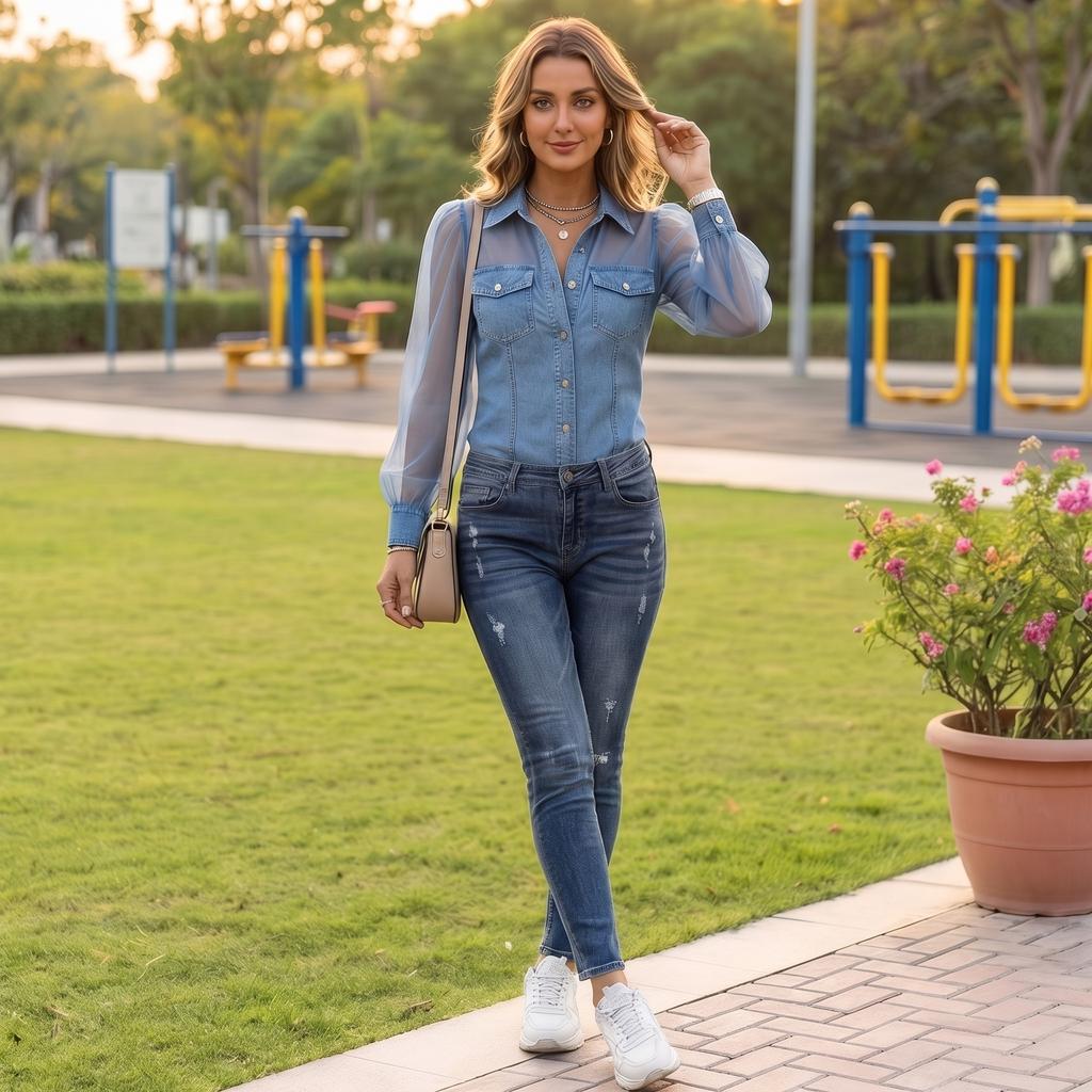 Ladies' Casual And Fashionable Imitation Denim Long Sleeved Top