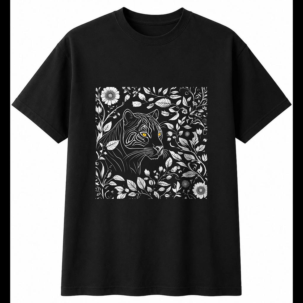 Botanical Black Panther with Flowers Wildlife Mens T-Shirt 100% Cotton Printed