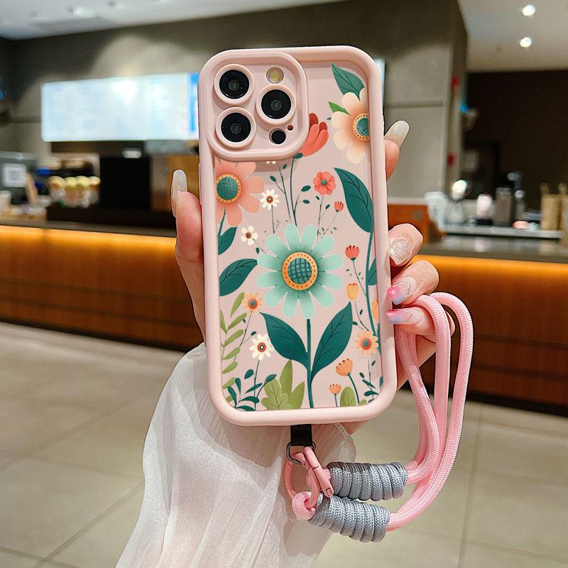 Wrist Chain Lanyard Phone Case for iPhone 11 12 13 14 15 16 Pro MAX XS Max XR 7 8 16 Plus Cute Flower Hand Strap Soft TPU Cover