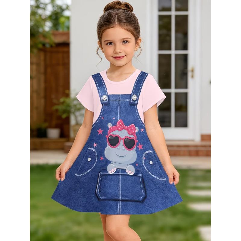 Dress for Girls Fashion Cowboy Print Fake Two-Piece Set Short Sleeve Summer Dresses Casual Round Neck A-Line Dress Girl Clothes