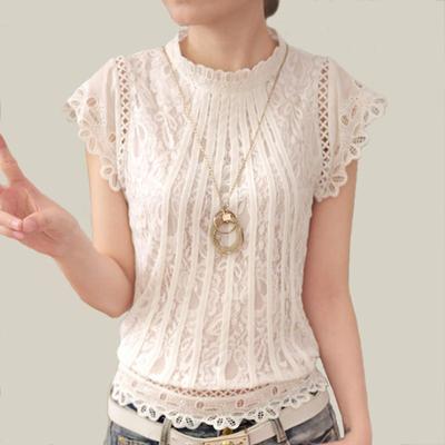 2025 Spring Summer Fashion Lace Women Blouses Elegant Solid New Petal Sleeve Lace Shirts O-neck Casual Simple Shirt Slim Fit Tops Clothes