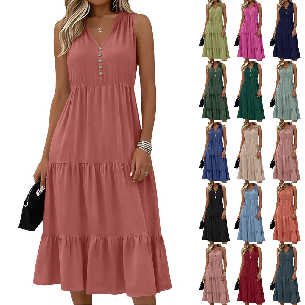 Sleeveless Women's Dress Casual Flowy A-Line Midi Tshirt Dresses With Pockets Crewneck Vocation Boho Beach Sundress