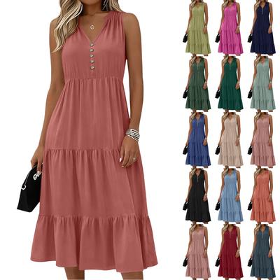 Ärmelloses Damenkleid Lässig Fließend A-Linie Midi T-Shirt Kleider Mit Taschen Rundhals Urlaub Boho Strand Sommerkleid