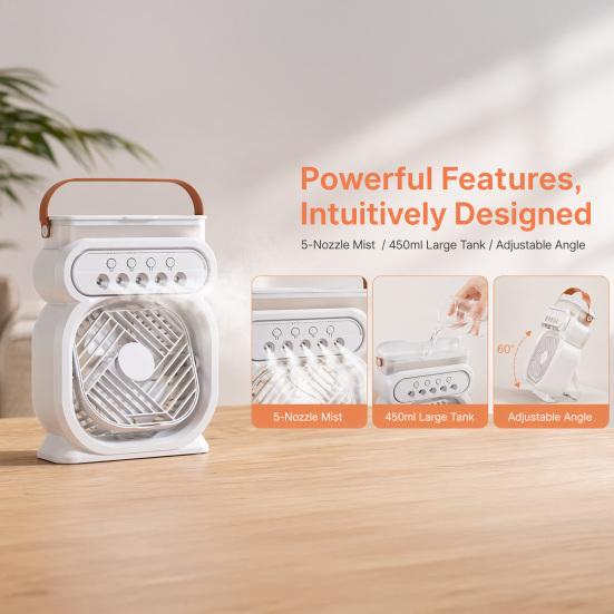 Misting Desktop Fan, Portable Cooling Fan with Water Spray, 450ml Tank ,Timer, Ambient Light, 3 Speed USB Rechargeable Mini Fan for Home Office Travel