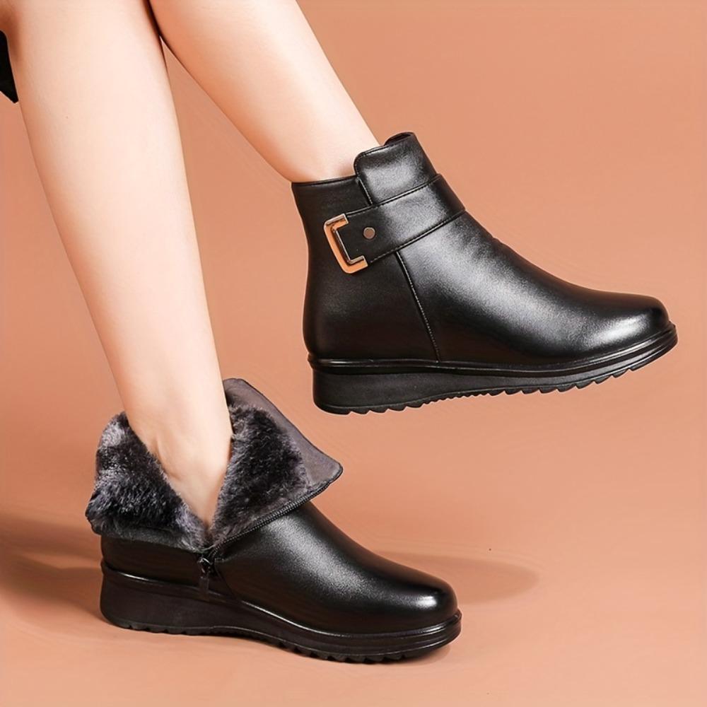 Winter Leather Boots with Round Toe and Side Zipper Comfortable Women's Ankle Boots Women's Thick Plush Warm Winter Boots, Shoes for Moms
