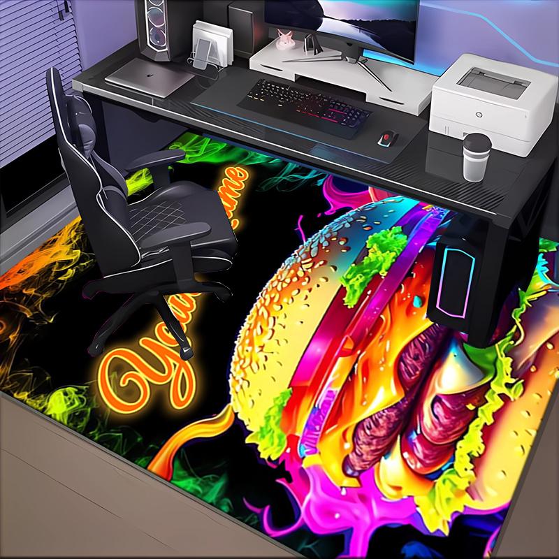 1PC Custom Name Neon Burger Delight Theme Floor Mat Ideal for Living Room, Game Rooms, Office, Bedroom, Floor Mat Playful Design
