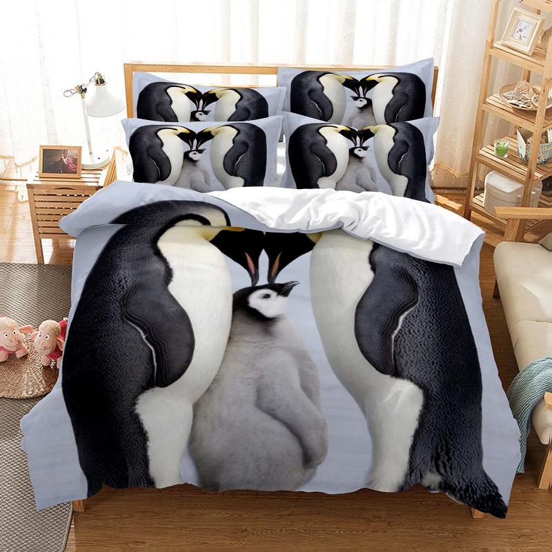 3D Digital - Printed Nette Penguins Bed Linen Set: Fashion - Designed Duvet Cover With Pillowcases For Stylish Bedroom Decor