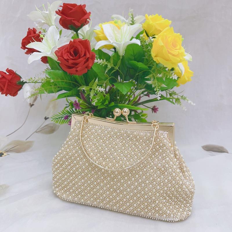 

Large capacity pearl bead embroidery dinner bag simple underarm handheld women s evening banquet bag women s handbag beads абрикосовый