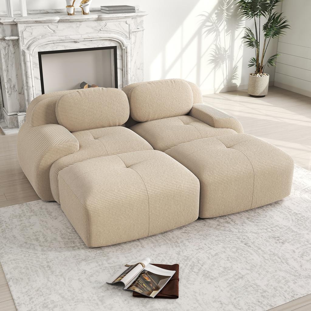 2-Seater sofa made of corduroy fabric, frameless, combinable with chaise longue, non-slip, armrests and elastic upholstery, beige