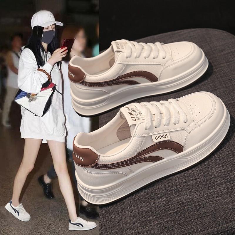 Leather White Shoes Women's Thick Baseplate Shoes 2025 Summer New Light Breathable Comfortable Sports Leisure Sports Board Shoes
