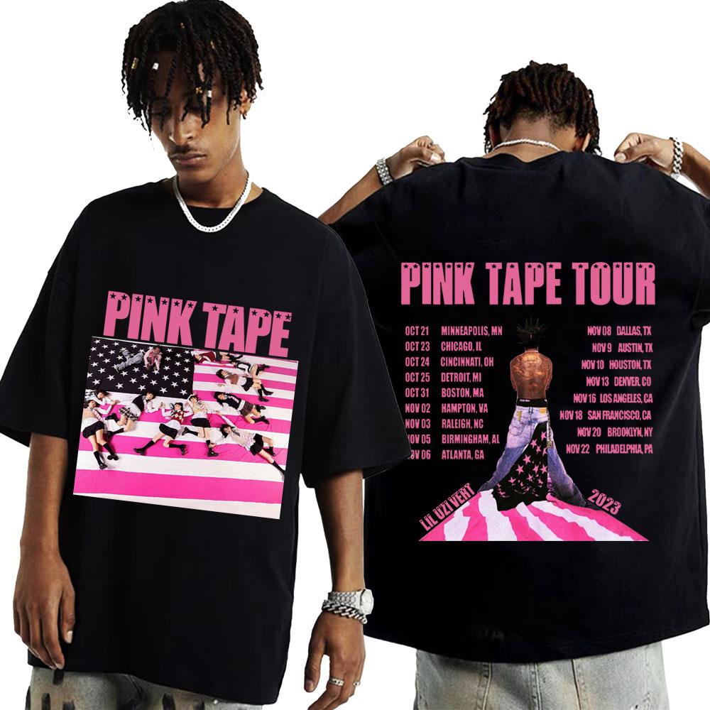 Rapper Lil Uzi Vert 2023 Concert Tour Pink Tape Graphic T-shirt Men's Hip-hop Summer Print 100% Pure Cotton Short-sleeved