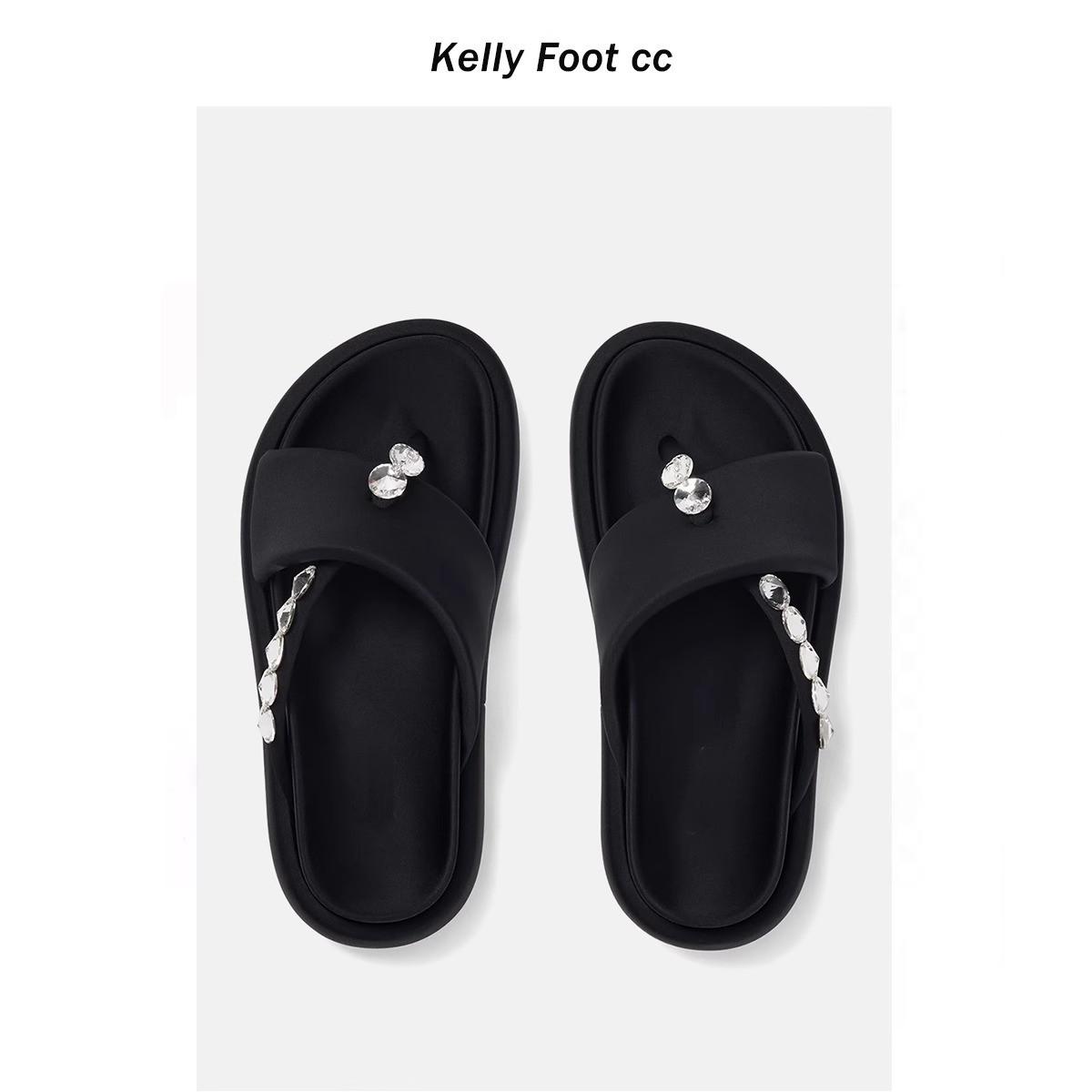 

мода Сандалии на толстой подошве Женские Летние Новые Сандалии-шлепанцы для пляжа на плоской подошве с зажимом для пальца со стразами Носимые и Универсальные Женские Сандалии 40