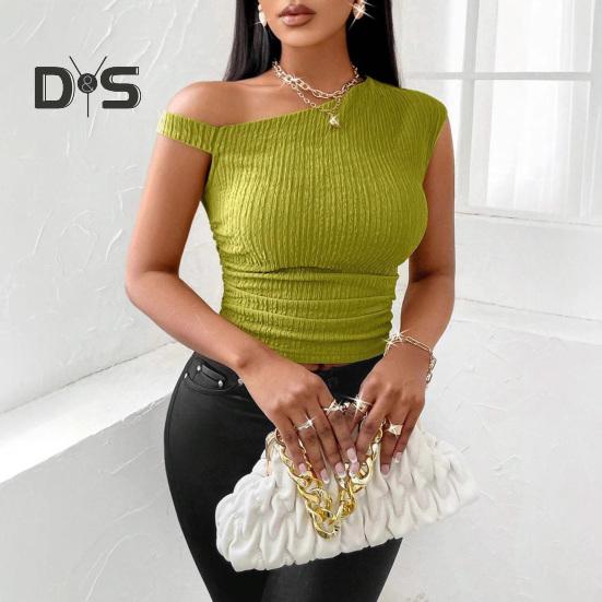 Damen-Oberteile, asymmetrisches Design, normale Passform, asymmetrischer schräger Kragen, kurzärmelige, schmale Oberteile für den Alltag