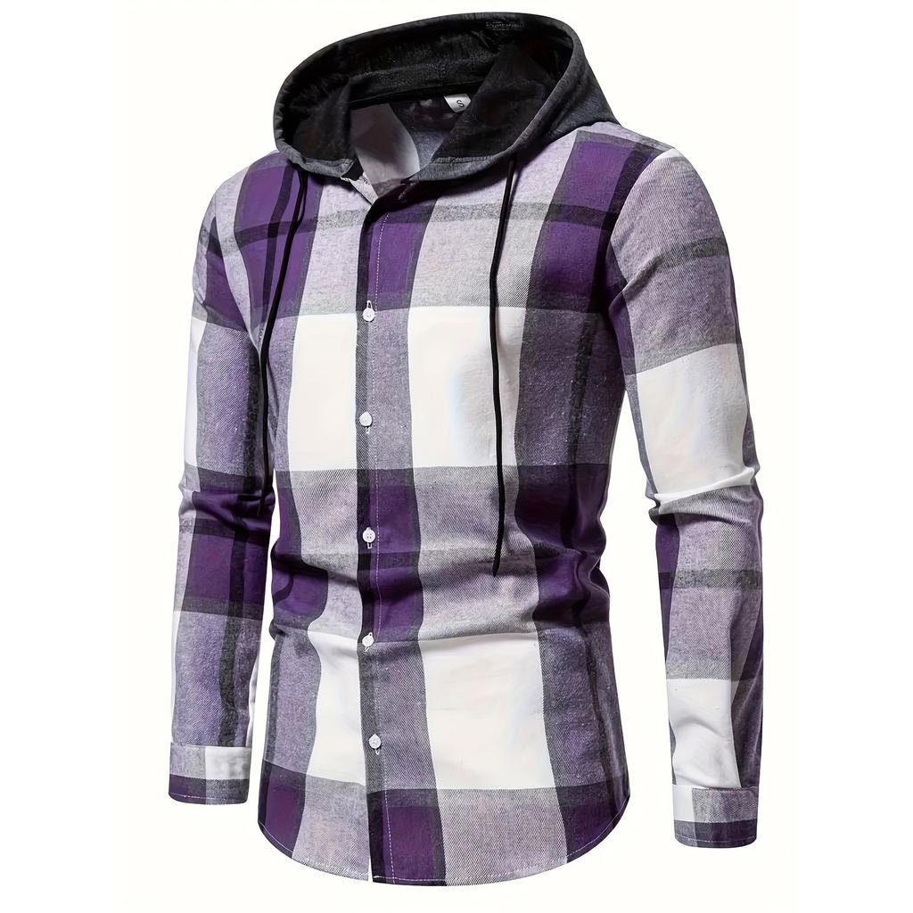 Men's Striped Plaid Casual Loose Button Lapel Long Sleeve Hooded Cardigan Shirt Jacket