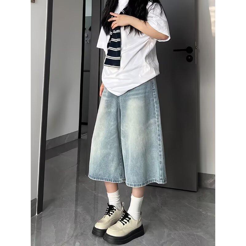 Seven-point Straight-leg Denim Shorts for Women's Summer Thin Fat MM Medium Pants, Thin Wide-leg Medium Pants