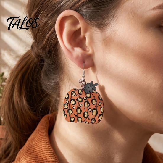 Autumn Seasonal Fashion Jewelry 1 Pair Fall Pumpkin Earrings, Acrylic Leopard Print Dangle Holiday Gifts for Women Drop Statement Thanksgiving