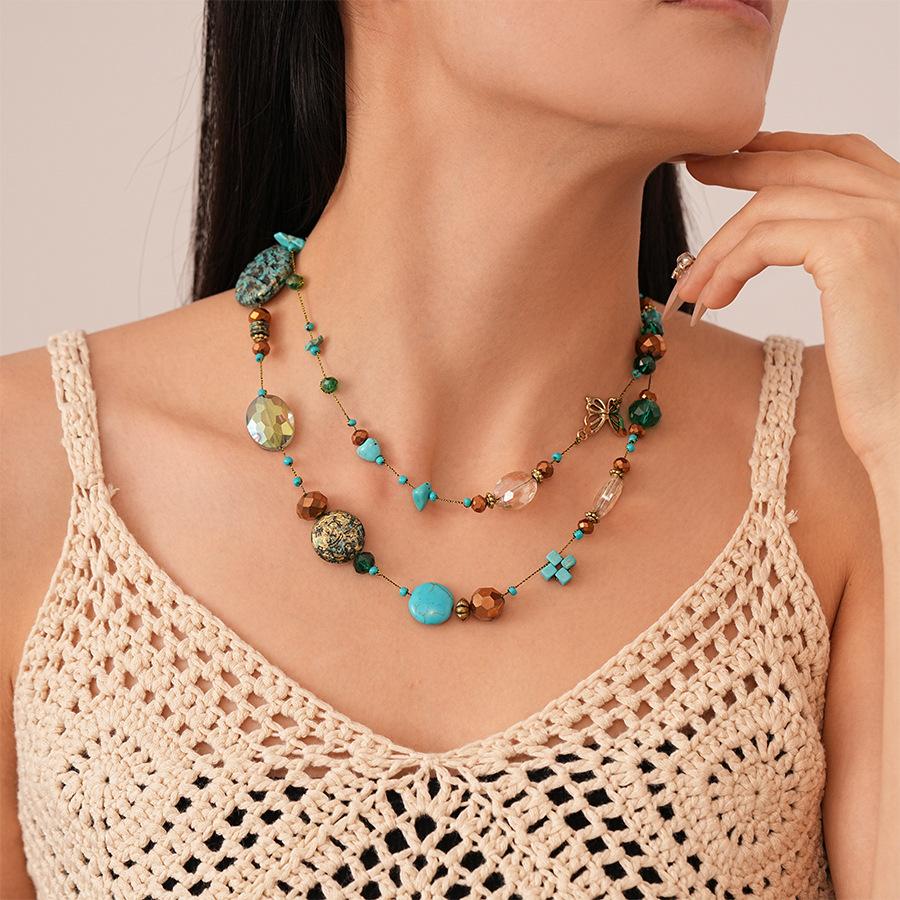 Ethnic style blue color artificial stone geometric multi-layer stacking necklace temperament collarbone necklace