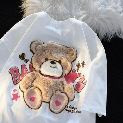 Women's Retro Bear Flocked Cotton T-Shirt, Loose Fit, Short Sleeve, Cute Vintage Summer Top