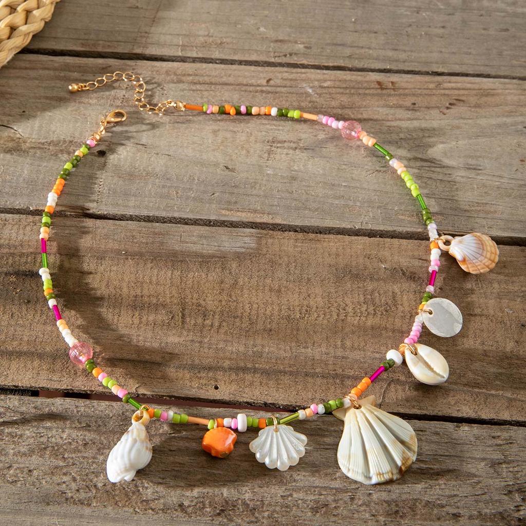 Modische Süße Sommer Strandurlaub Bunte Reisperlen Jakobsmuschel Muschel Halskette Damenschmuck Ozean Element Halskette