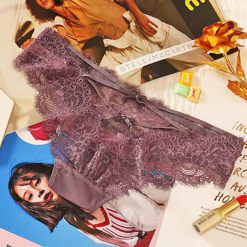 Sexy Lace Low Waisted Underwear Cross Bow Transparent Underpant Mesh Hollowed Out Semi Wrapped Buttocks Seamless Panties