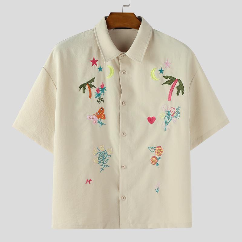 

INCERUN S-XXXXXL Men Short Sleeves Embroidery Casual Loose Summer Shirts Tops 2XL