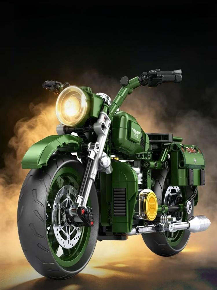 Grüner Vintage-Motorrad-Bausatz, Technische Bauklötze für Motorräder, Heimdeko Ausstellungsmodell für Bastler