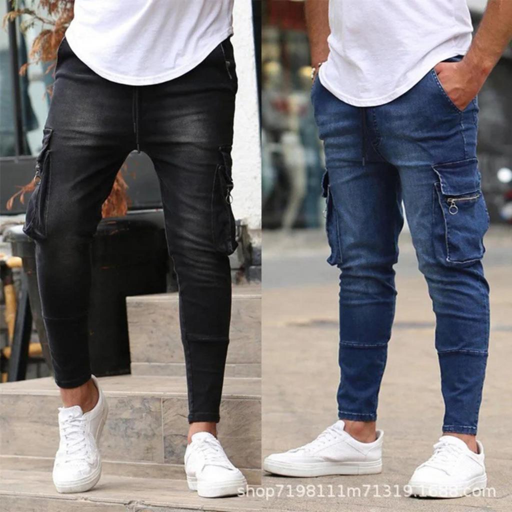DRIPX Street Elastic Jeans Men Denim Cargo Pants Wash Solid Color Multi Pockets Casual Mid Waist Trousers Slim Fit Daily Wear Joggers