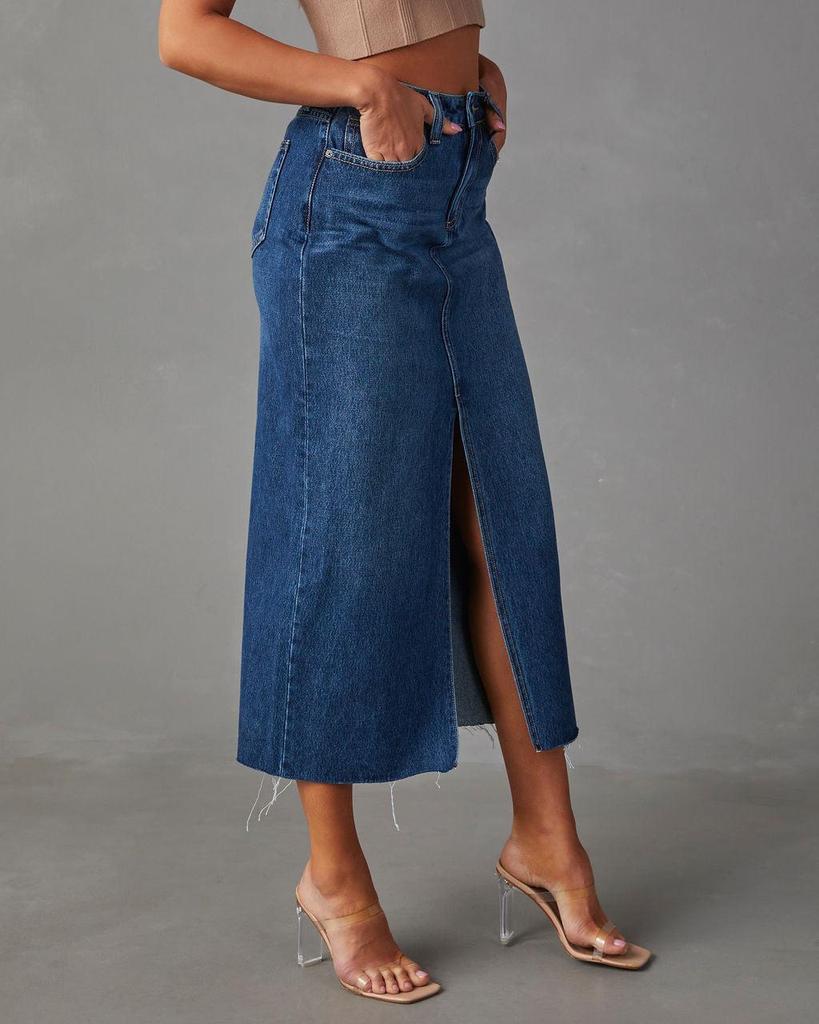 2024 Women's High Waist Washed Denim A-line Midi Skirt In European and American Style