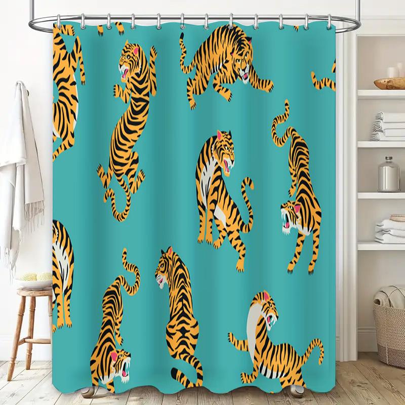 Bright Blue Tiger Shower Curtain Waterproof Fabric Printed for Bathroom Decor