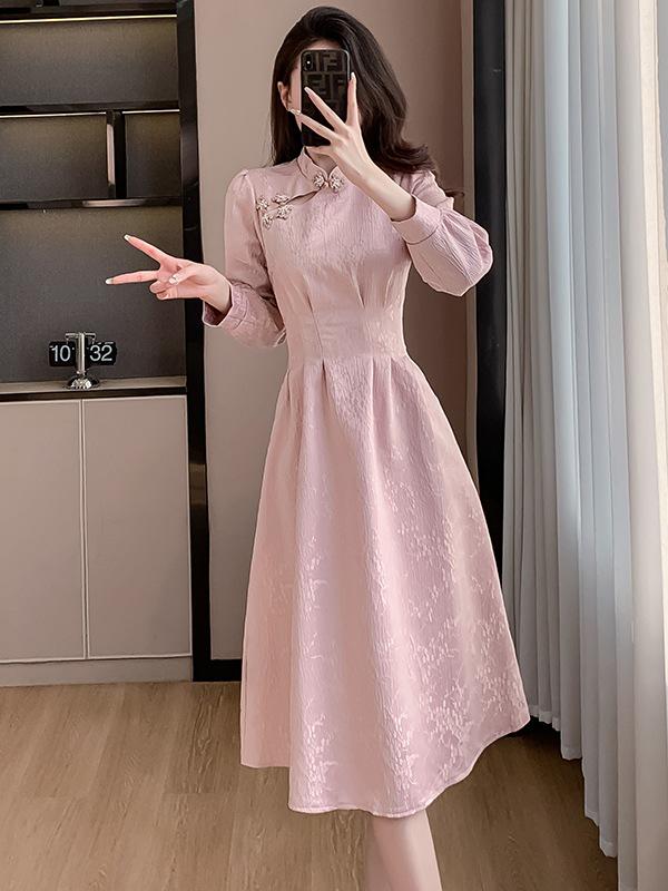 Pink Cheongsam Long Sleeve Bridesmaid Dress - Spring Engagement and Homecoming Style
