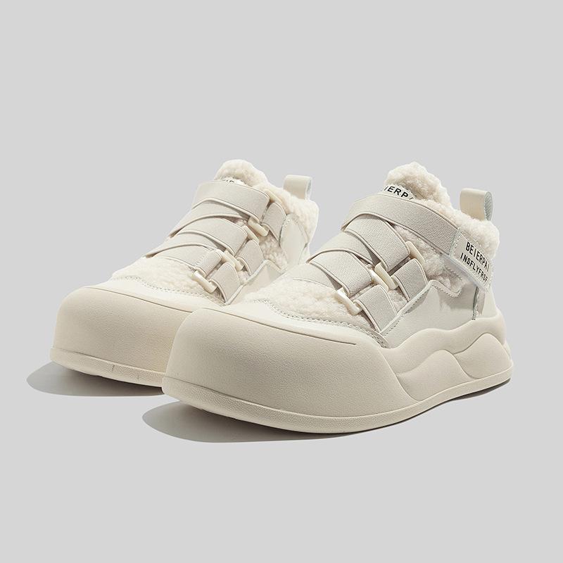 Women's High-top White Fleece Sneakers New Winter Casual Shoes Warm Cotton-padded Shoes Round Toe Snow Boots
