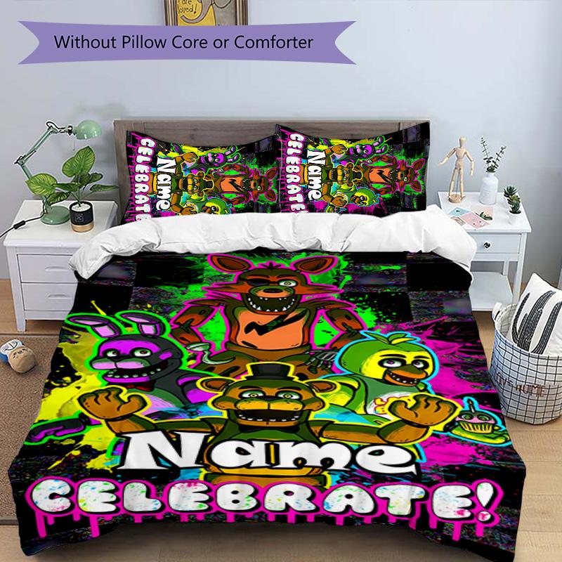 3pcs Freddy Bear1 Cover Set - Personalized Name, HD Printed Bedding with 1 Cover and 2 Pillowcases - Perfect for Home Decor, Easy Care