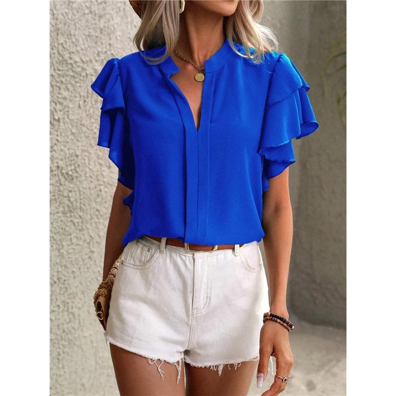 Summer New European And American V-neck Flying Sleeve Shirt Slim Fit And Slimming Chiffon Top